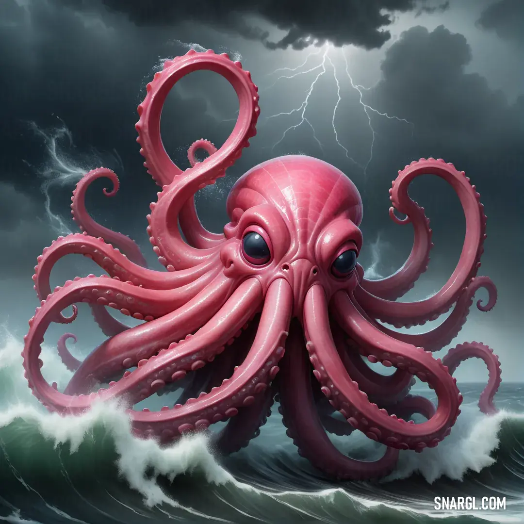PANTONE 1765 color. Octopus is in the ocean with a lightning bolt in the background