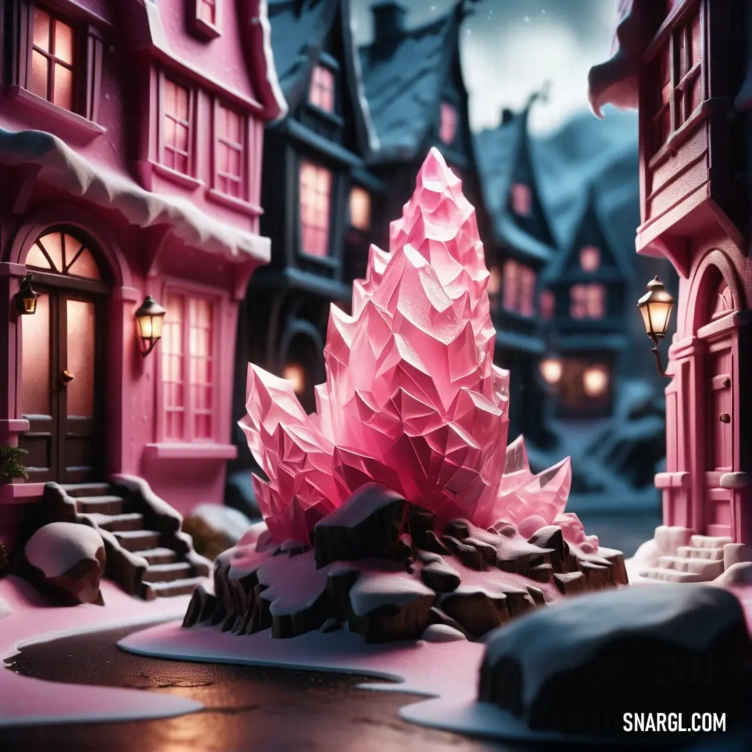 Pink paper sculpture of a tree in a snowy town with a street light and a building with a clock. Example of CMYK 0,42,18,0 color.