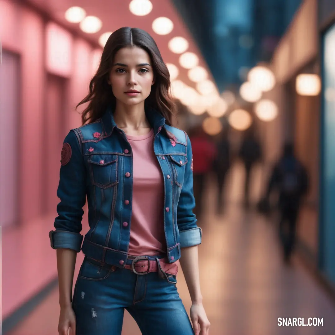 Woman in a pink shirt and jeans is standing in a hallway with a blue jacket on. Example of CMYK 0,42,18,0 color.