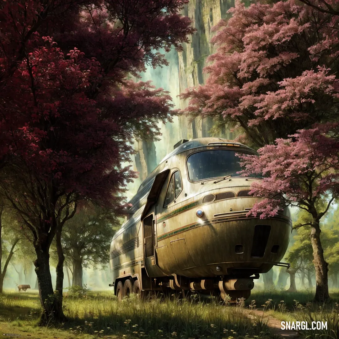 Trailer parked in a forest with trees and flowers in the foreground. Color PANTONE 1765.