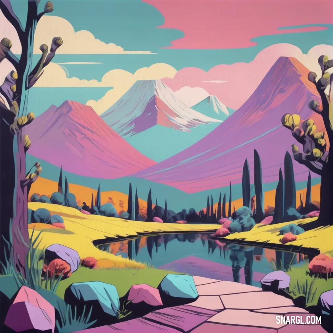 Painting of a mountain landscape with a lake and trees in the foreground and a path leading to a lake. Color #EDBDC2.