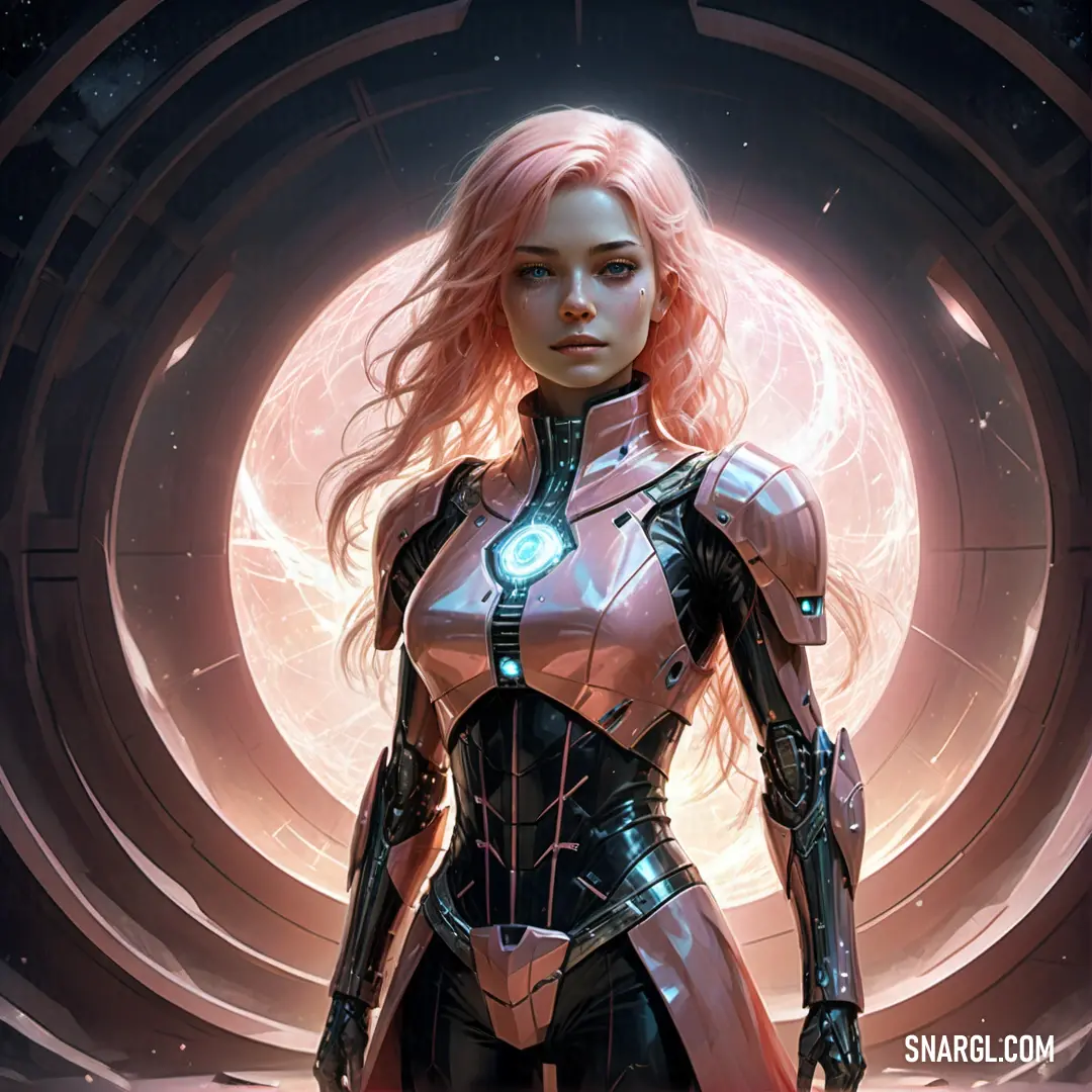 PANTONE 1767 color. Woman in a futuristic suit standing in front of a circular object with a light on it's chest