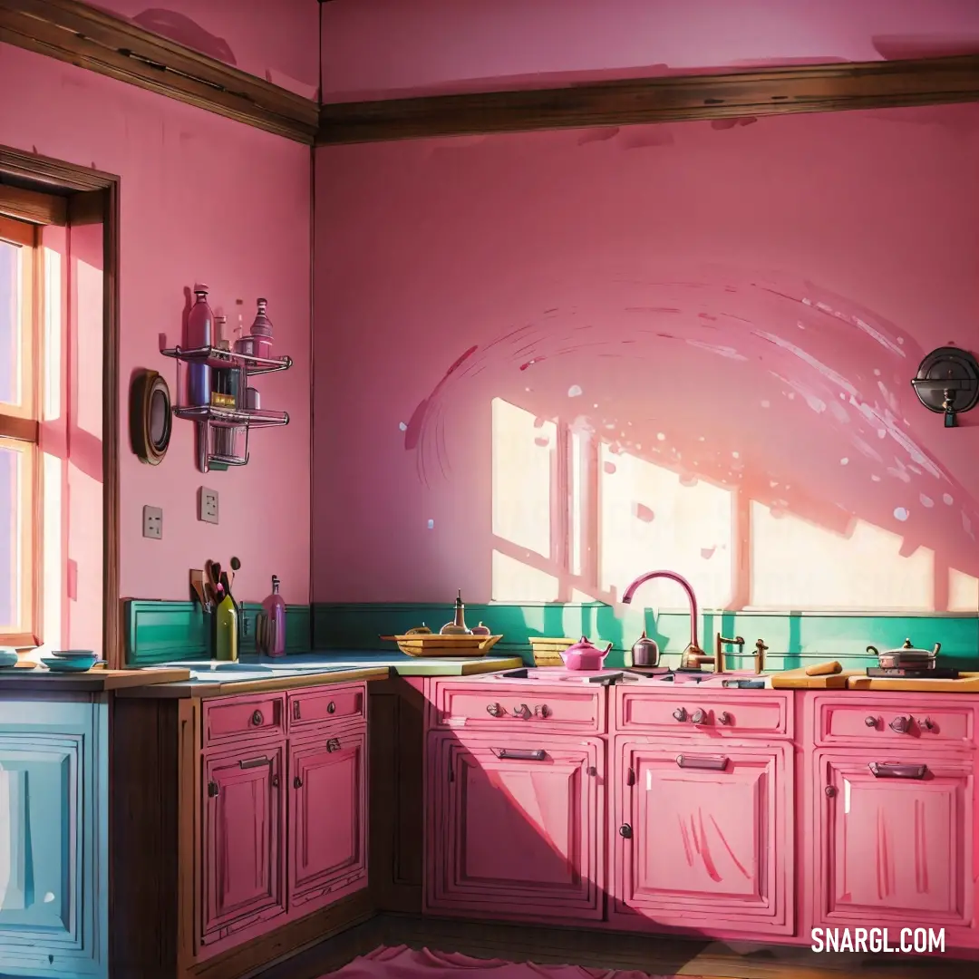 Kitchen with pink walls and a pink floor and a pink wall and a pink ceiling and a pink and blue kitchen