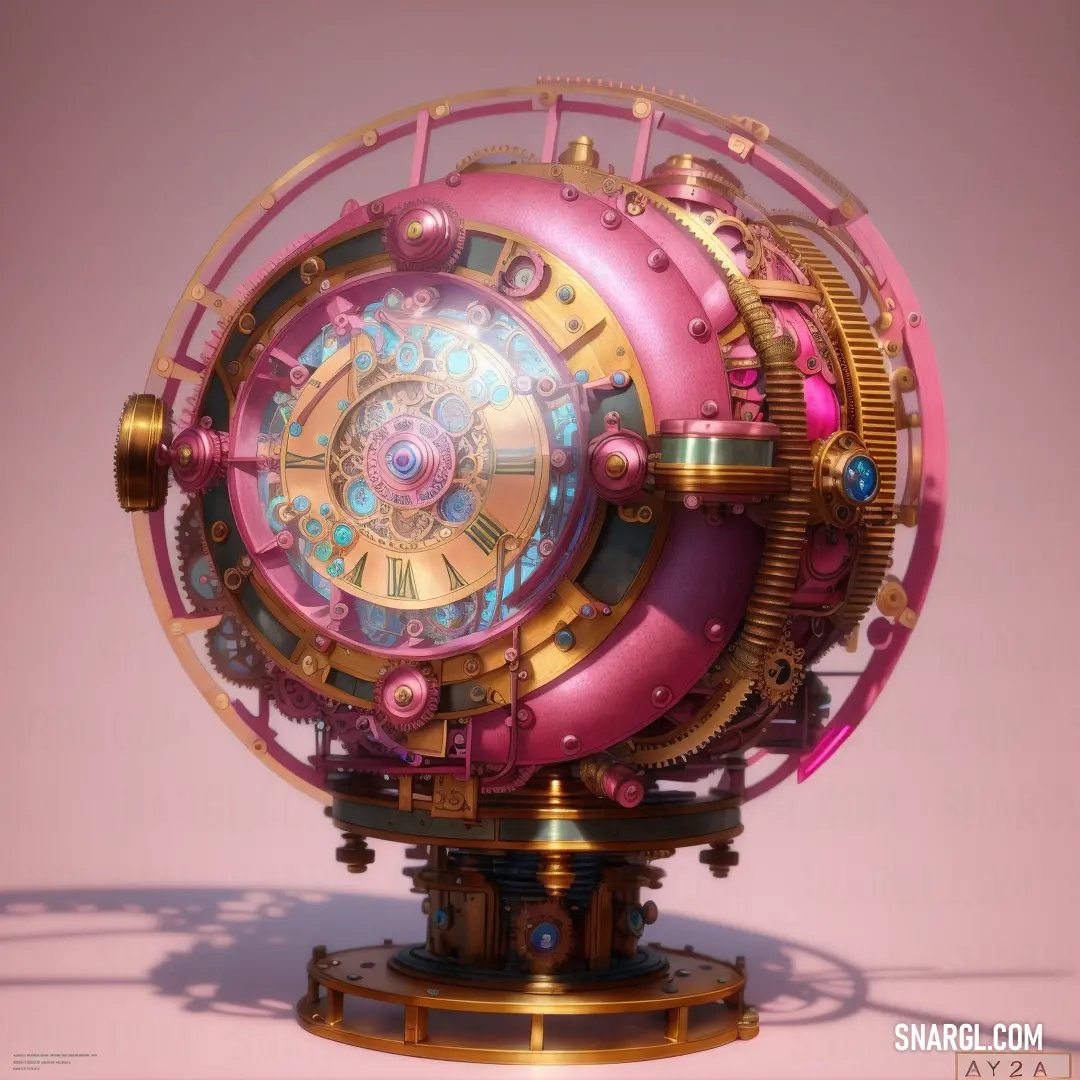 Pink and gold clock with gears on it's face and a pink background with a shadow of a person