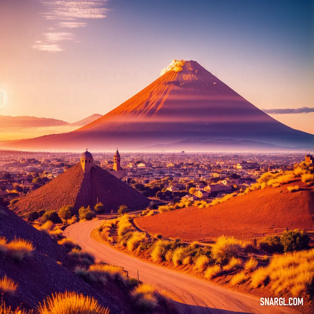 Road going through a desert with a mountain in the background at sunset