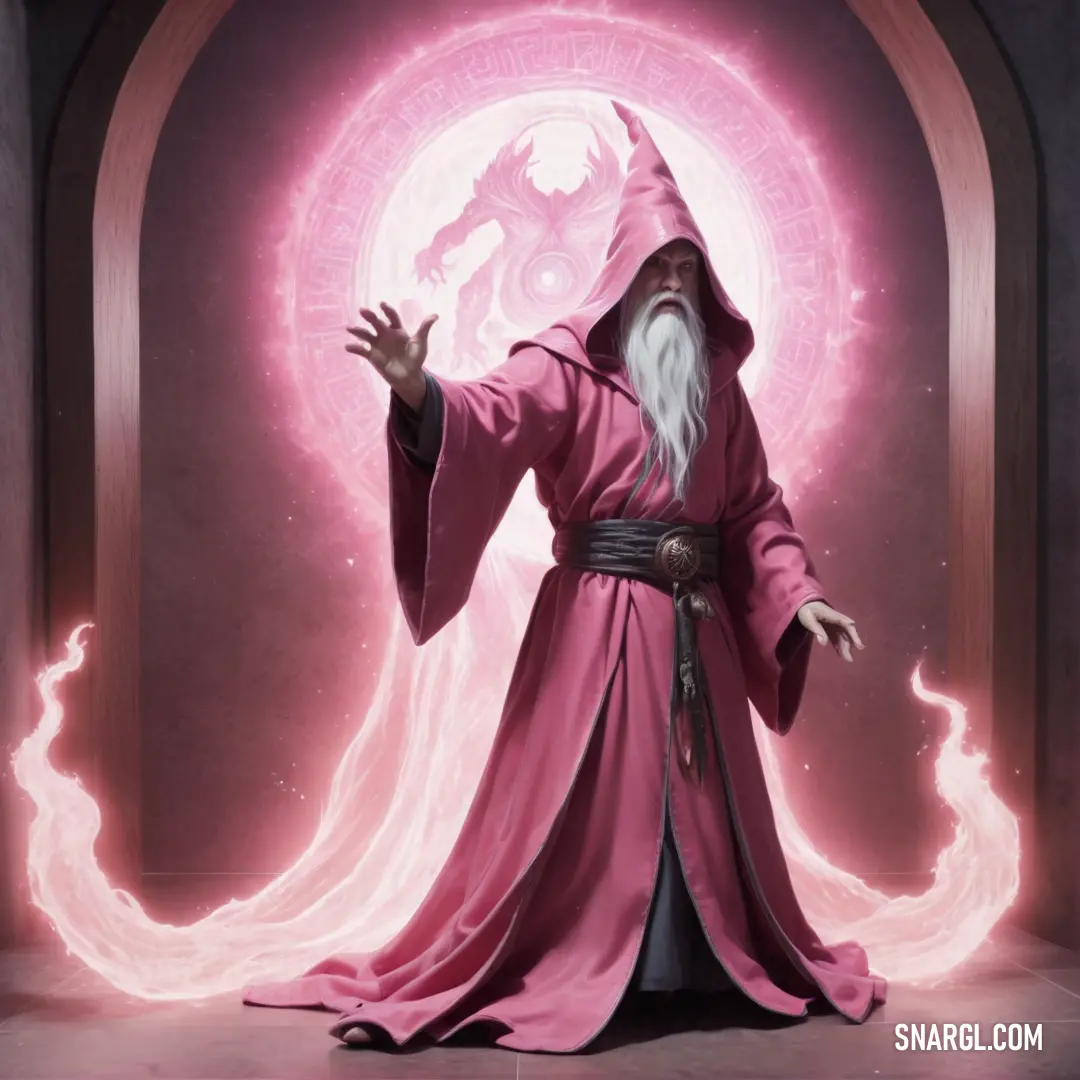 Wizard with a long white beard and a pink robe standing in front of a doorway