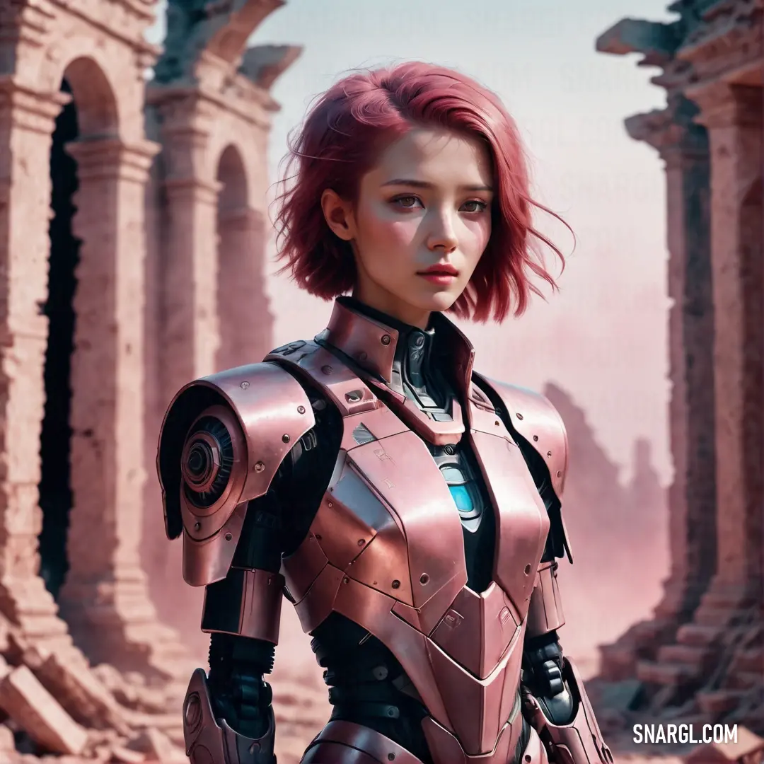 Woman in a futuristic suit standing in a ruined area with ruins in the background and a pinkish sky