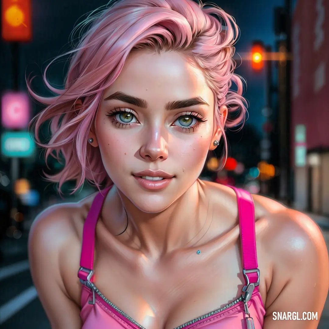 Woman with pink hair and a pink bra top on a city street at night with traffic lights in the background