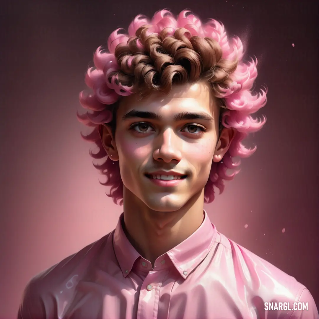 PANTONE 1775 color. Digital painting of a man with pink hair and a pink shirt on a pink background