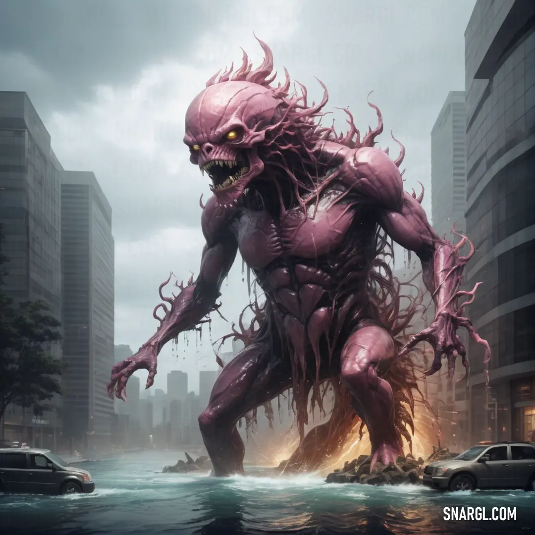 Giant creature is in the middle of a city street with cars and buildings in the background. Color CMYK 0,49,23,0.