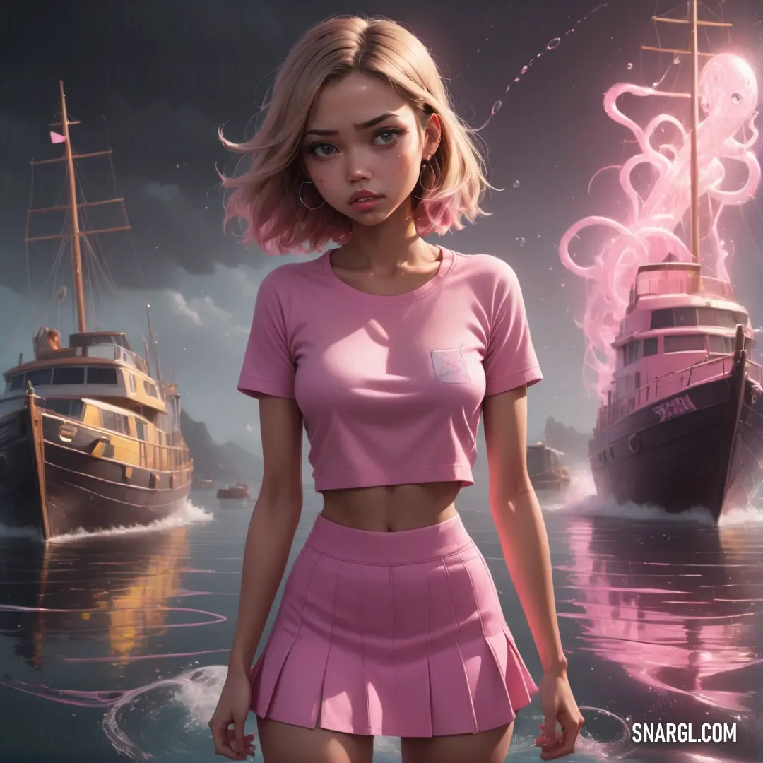Girl in a pink outfit standing in front of a boat in the ocean with a pink smokestack. Color CMYK 0,49,23,0.