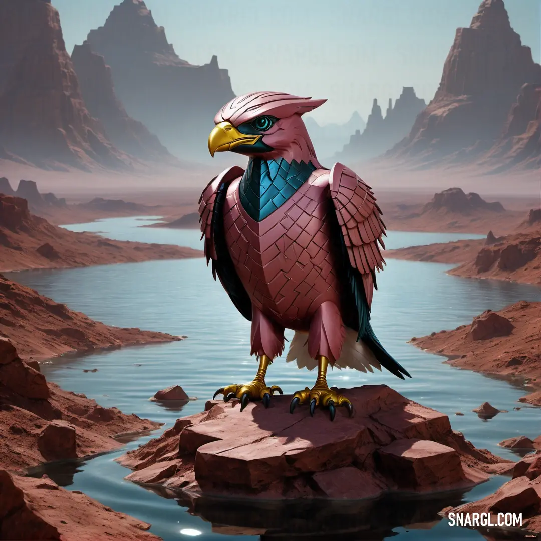 Bird with a blue beak standing on a rock in the desert near a body of water and mountains. Example of PANTONE 1777 color.