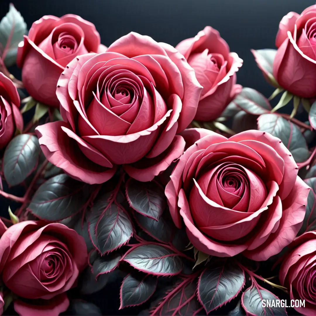 Bunch of red roses with green leaves on them and a black background. Example of PANTONE 1777 color.