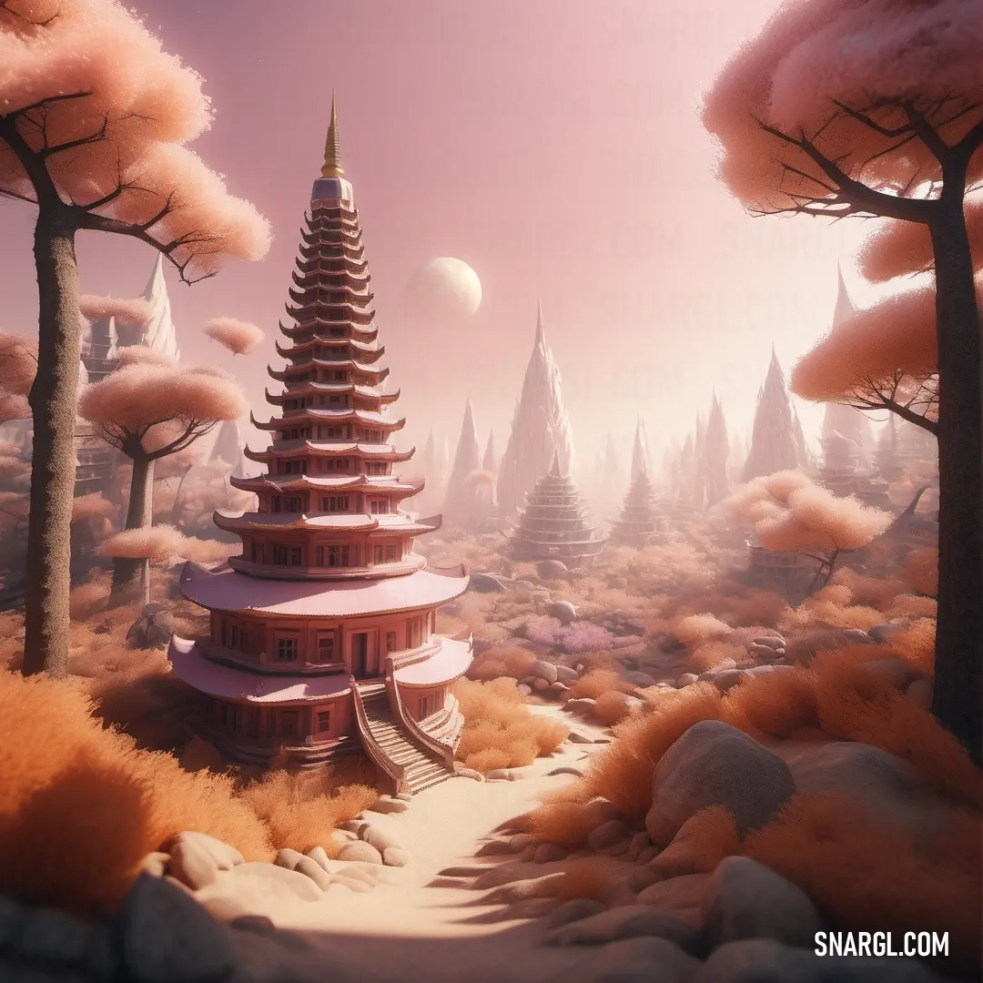 Digital painting of a pagoda surrounded by trees and snow covered ground with a moon in the sky above. Color #E27E8A.