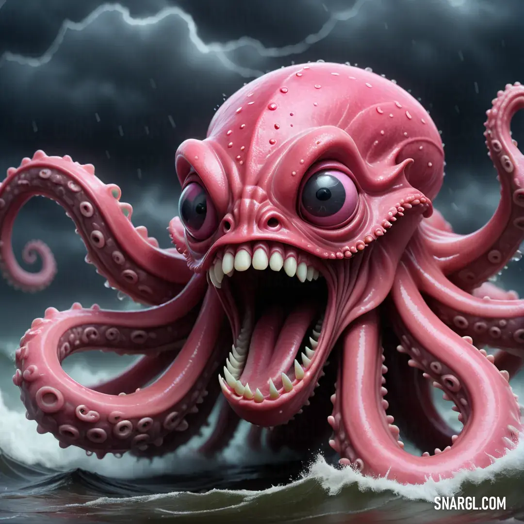 Pink octopus with a big mouth and a lightning in the background. Color PANTONE 1777.