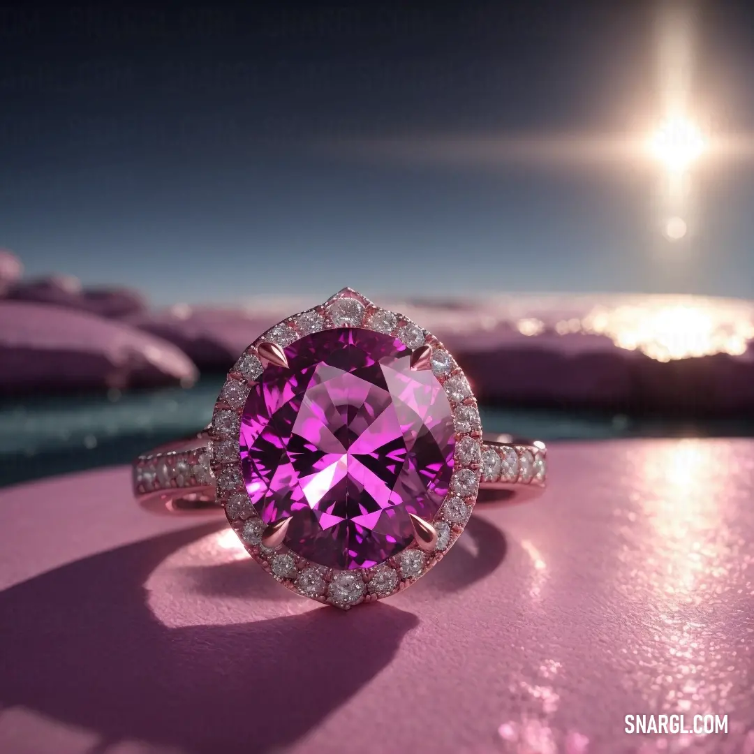 Pink ring with a large diamond surrounded by smaller diamonds on a pink surface with a bright sun in the background