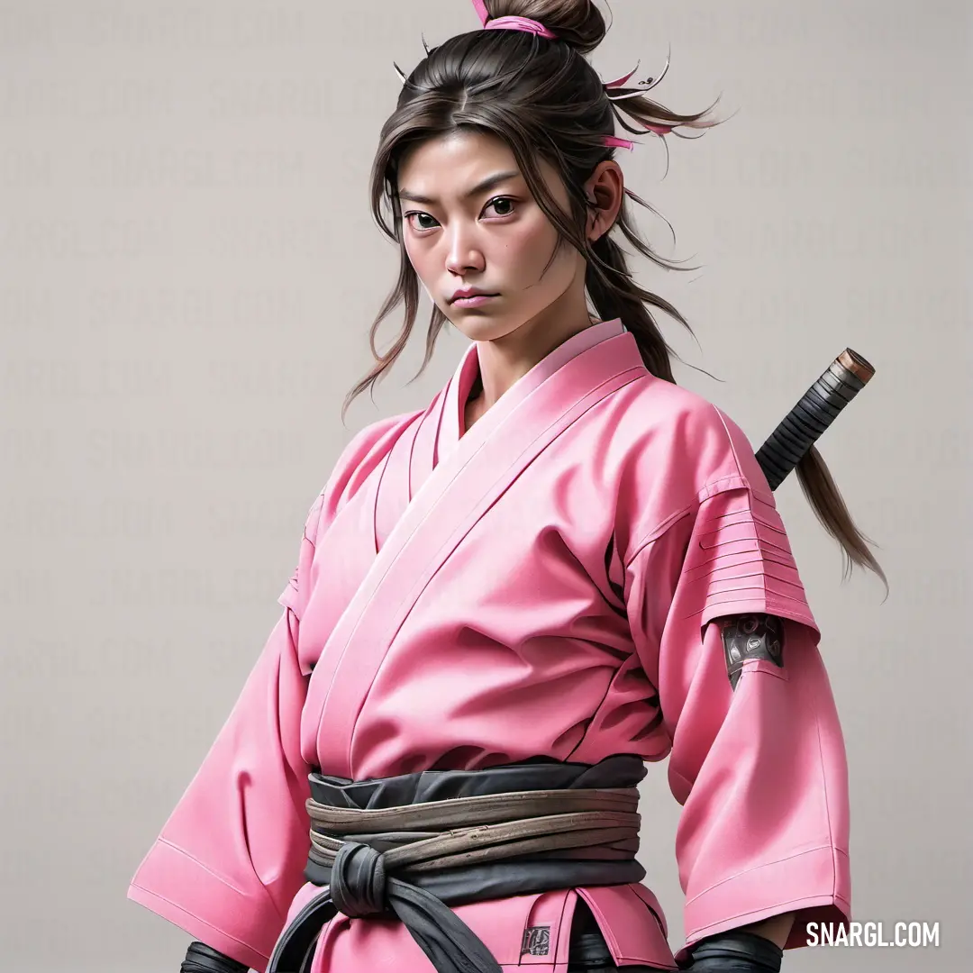 Woman in a pink kimono holding a black samurai sword and looking at the camera with a serious look on her face