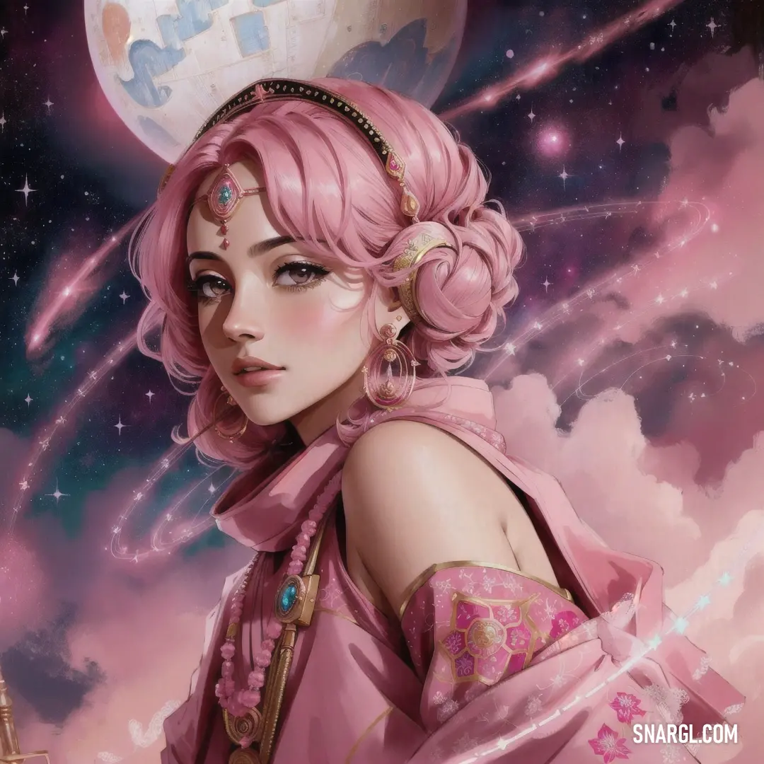 Woman with pink hair and a pink dress and a moon in the background. Example of #E27E8A color.