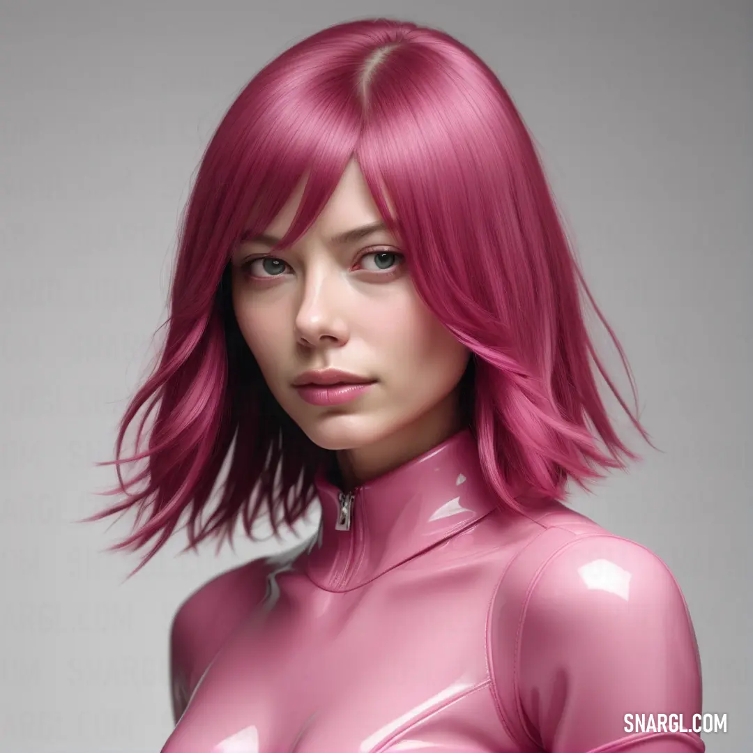 Woman with pink hair and a pink bodysuit is posing for a picture in a studio setting with a gray background. Example of #E27E8A color.