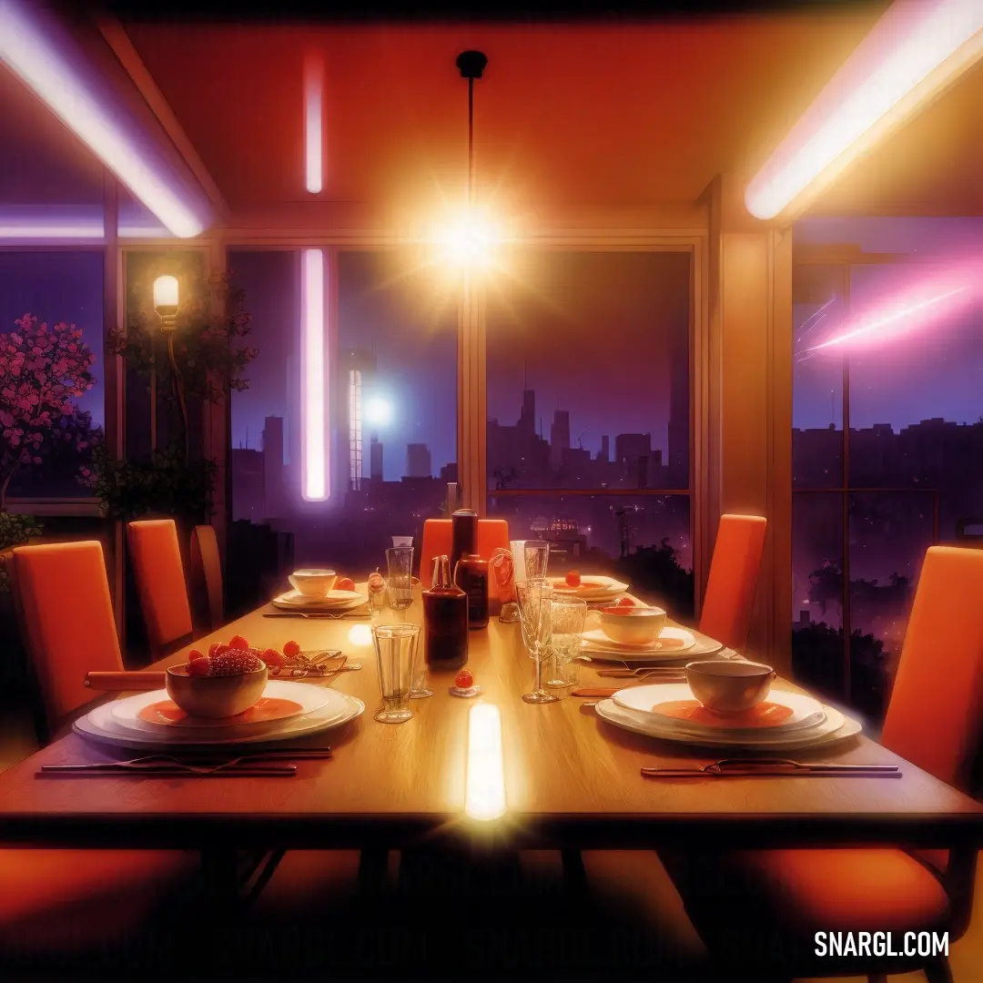 Dining room table with plates and glasses on it with a city view in the background at night time