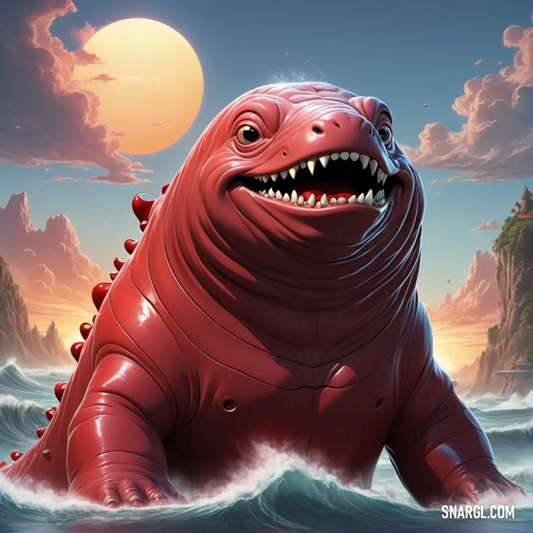 Red dinosaur with a big smile on its face in the water with a full moon in the background
