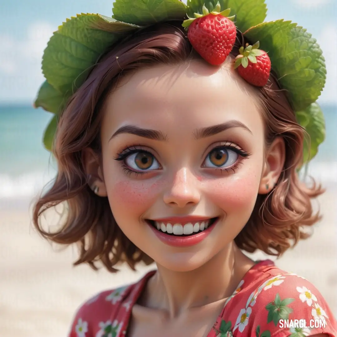 Cartoon girl with a strawberry on her head and a green leaf on her head. Example of #DD5B61 color.
