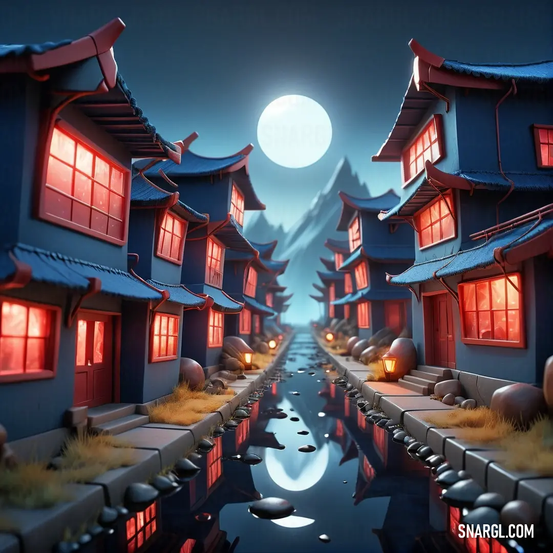 Digital painting of a street with buildings and a full moon in the sky above it and a body of water in the foreground