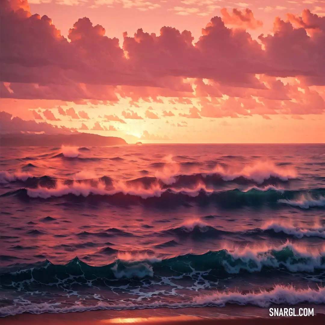 Sunset over the ocean with waves crashing on the shore and clouds in the sky above it and a red sky. Example of RGB 221,91,97 color.