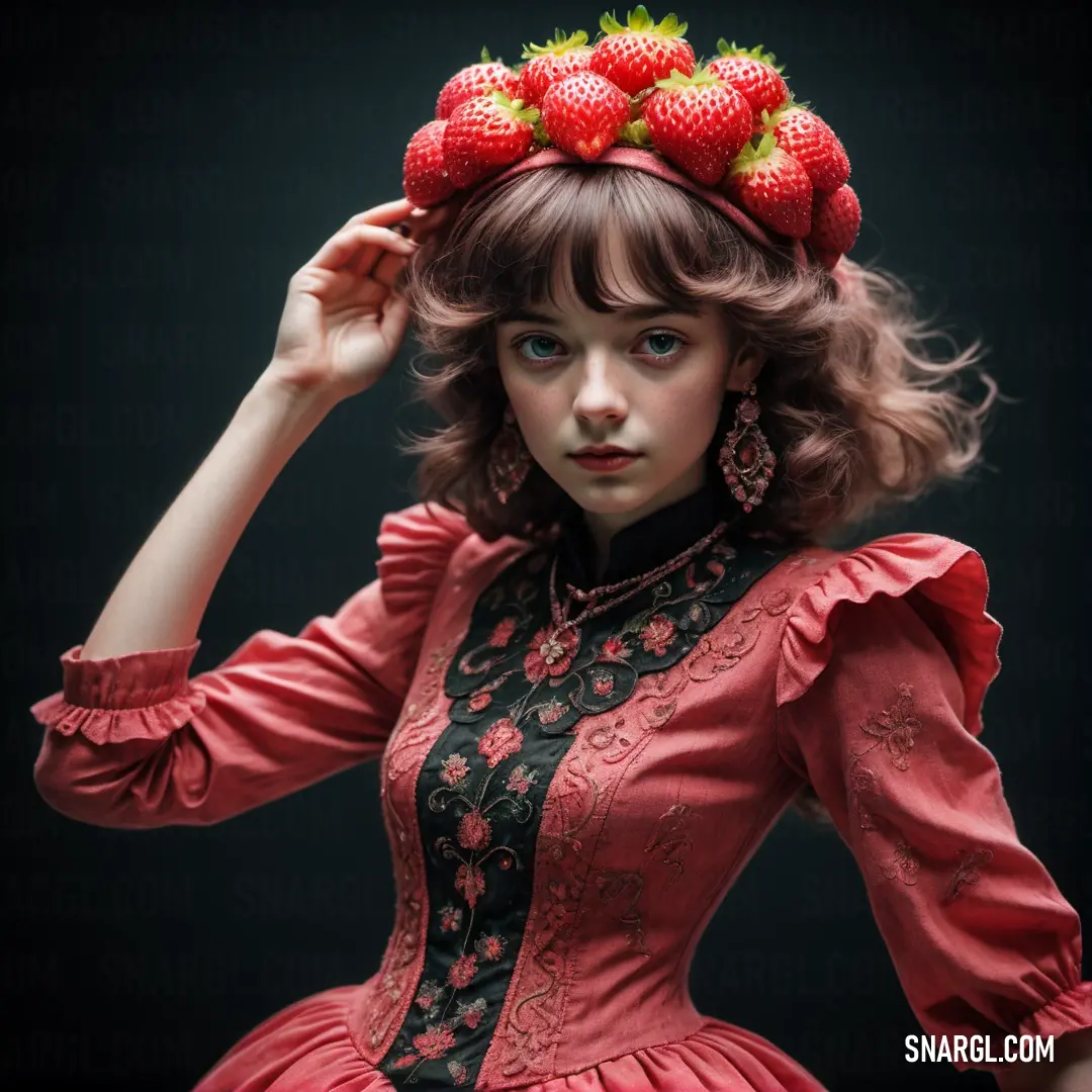 PANTONE 1787 color example: Woman in a red dress with strawberries on her head and a black background