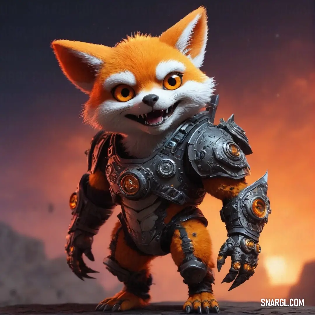 A fashionable fox clad in a helmet and wielding a toy gun stands confidently on a rock, embodying the spirit of bravery against a backdrop of rugged wilderness.