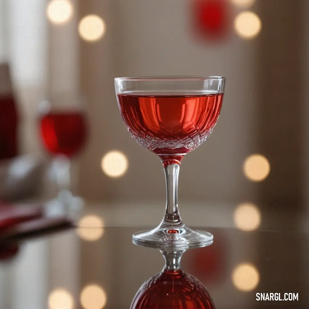 A stylish glass of wine stands confidently on a table, overlooking a window adorned with sparkling Christmas lights. The lively PANTONE 1788 color infuses the scene with festive warmth and elegance, perfect for joyous celebrations.