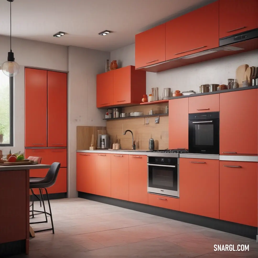 A modern kitchen filled with bold orange cabinets and a striking black countertop. The contrasting colors create a vibrant and stylish atmosphere, complemented by black furniture that ties the space together in perfect harmony.