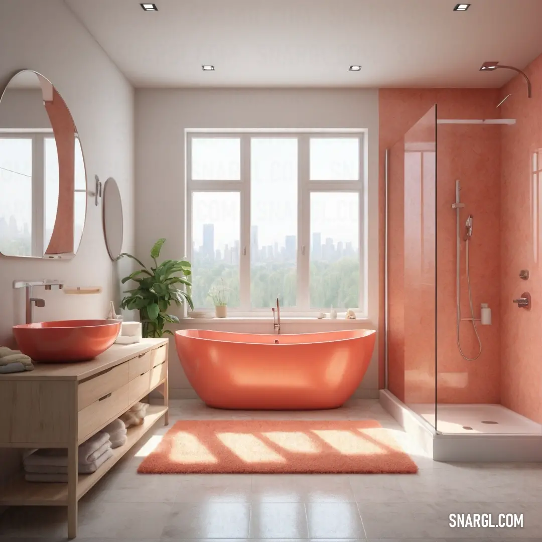 An elegant bathroom featuring a large, orange bathtub that adds a pop of color against the sleek black accents. A spacious window offers a stunning city view, elevating the atmosphere to one of relaxation and modern luxury.