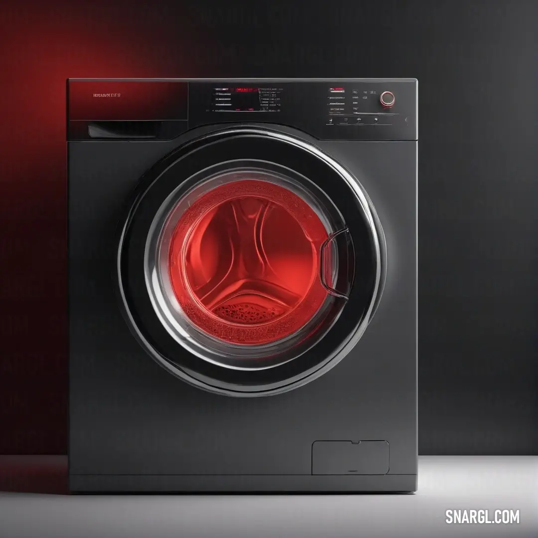 A sleek black and red washing machine featuring a glowing red light on its side stands proudly, representing modernity and efficiency with CMYK 0,88,82,0 colors.