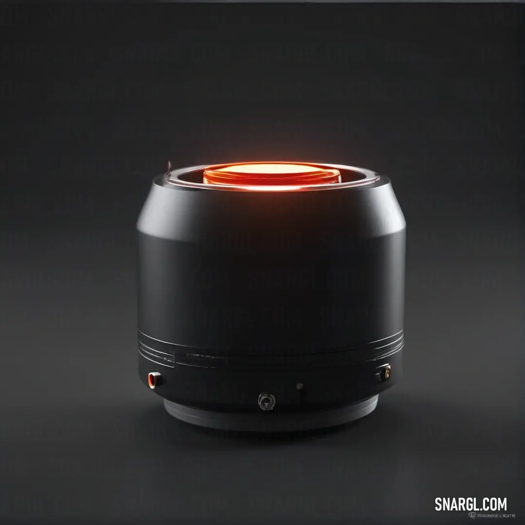 A sleek black speaker rests on a surface, its vibrant red light illuminating the top of its headphones against a deep black backdrop, creating a striking contrast that showcases PANTONE 1788's vibrant hue.