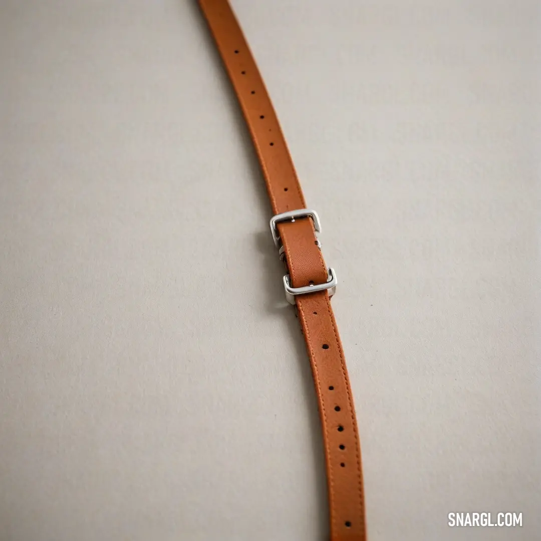 A stunning brown leather strap, punctuated by a sleek silver buckle, lays elegantly on a pure white surface, showcasing the rich textures and the vibrant PANTONE 1788 color that evokes quality and luxury in design.