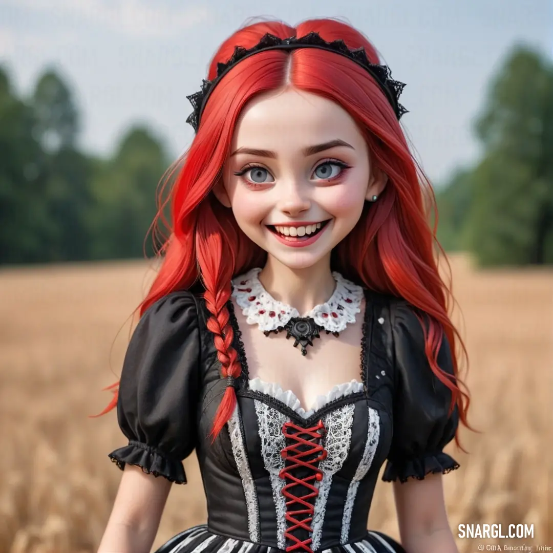 Cartoon girl with red hair and a black dress in a field of wheat with trees in the background. Example of PANTONE 1788 color.
