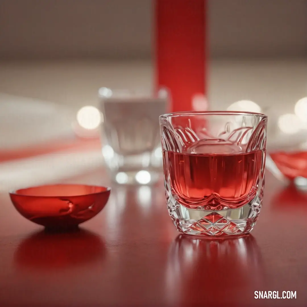 A vibrant glass of wine steals the spotlight, surrounded by a striking red bowl and a chic candle holder. This arrangement, showcased in PANTONE 1788, radiates warmth and style, perfect for luxurious dining experiences.