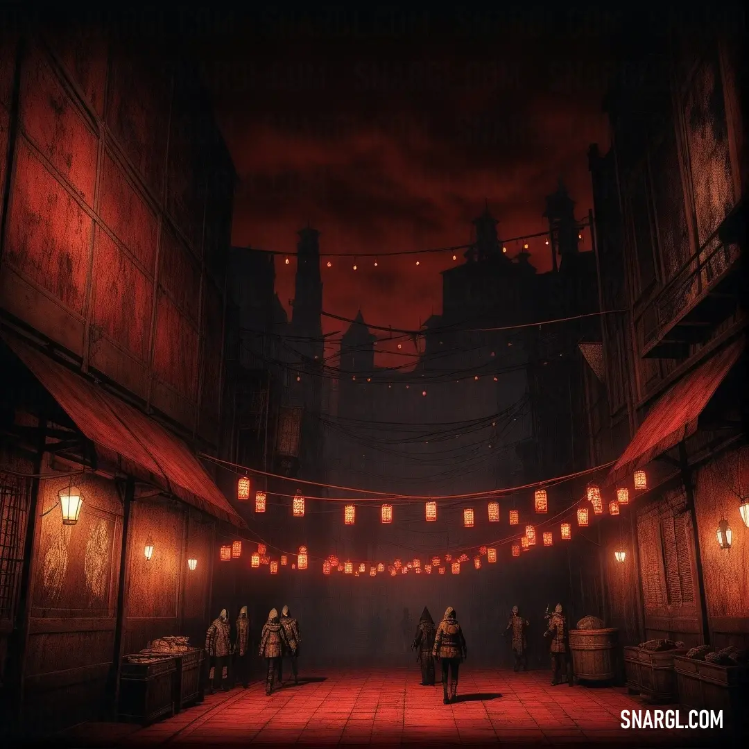 A group of people standing together in a dark alley, with lanterns hanging above, casting a soft glow. The sky above is painted red, adding to the mysterious and captivating atmosphere of the scene.