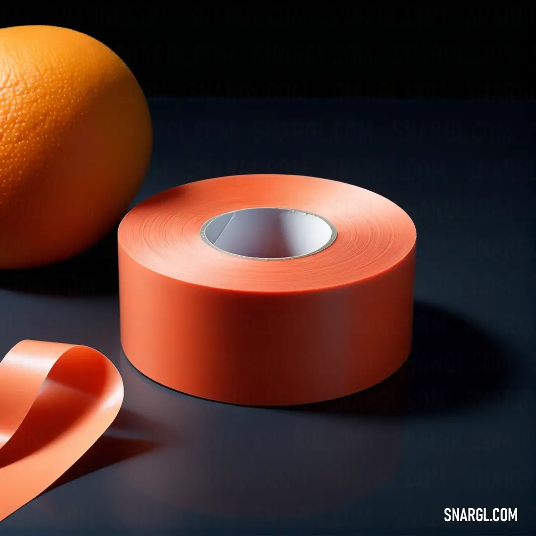 An eye-catching roll of bright orange tape sits beside a vibrant orange fruit on a casual table adorned with a rich black background, creating a bold contrast that captures attention and sparks curiosity.