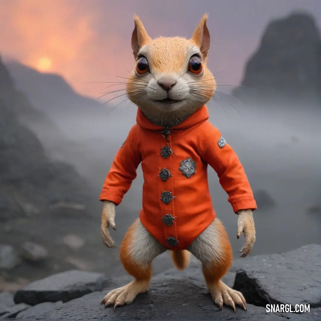 A small, endearing squirrel dressed in a bright orange coat stands proudly on a rugged rock, set against a stunning mountain backdrop highlighting the beauty of nature and the vibrant PANTONE 1788 color.