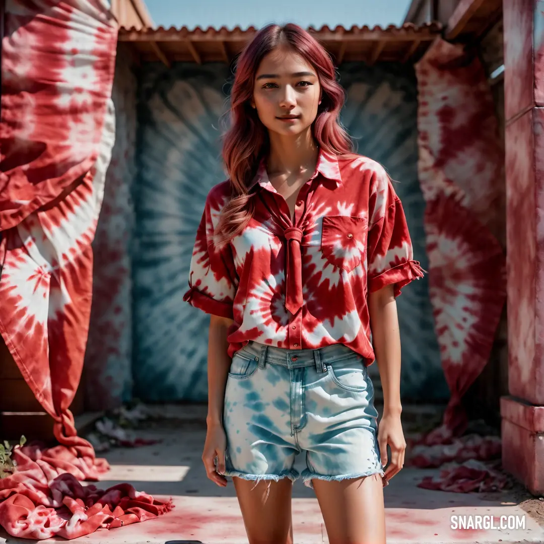Woman standing in front of a red and white tie - dyed shirt and shorts with a skateboard. Color #DE5346.