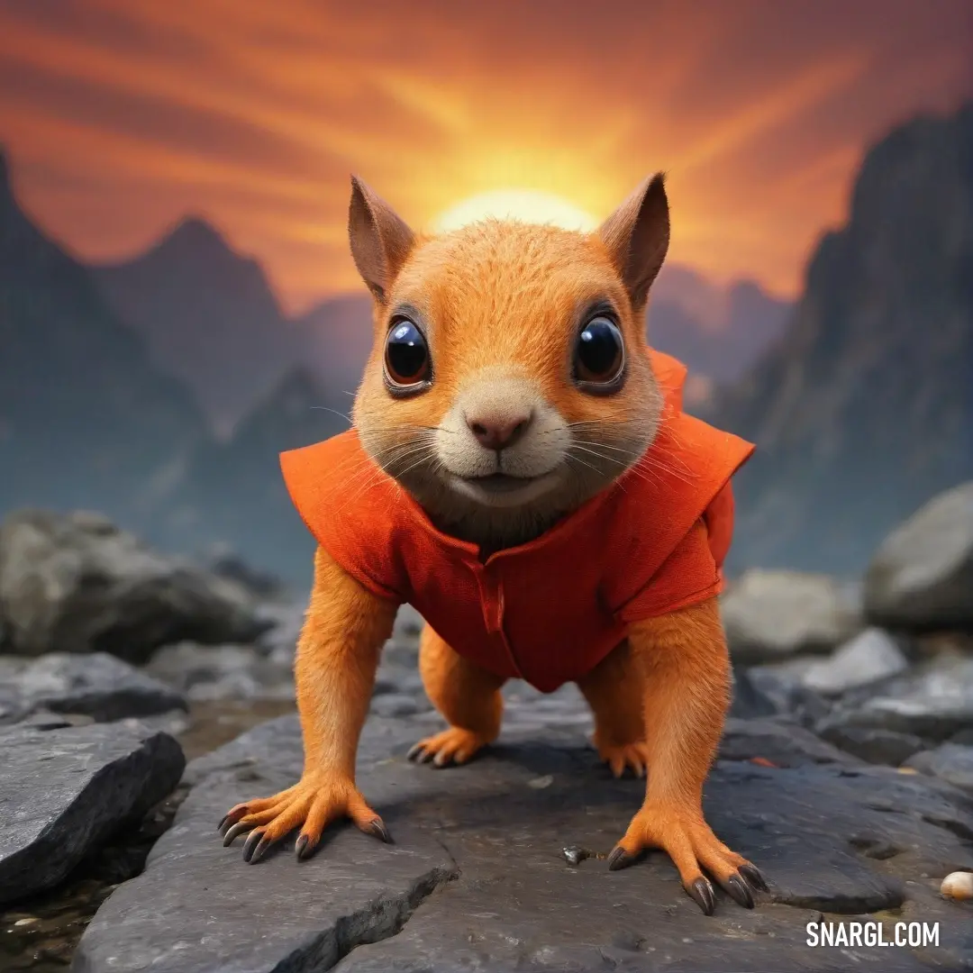 A small squirrel dressed in a vivid red shirt stands gracefully on a rock, with an expansive mountain vista behind it, capturing the essence of playfulness and nature's beauty.