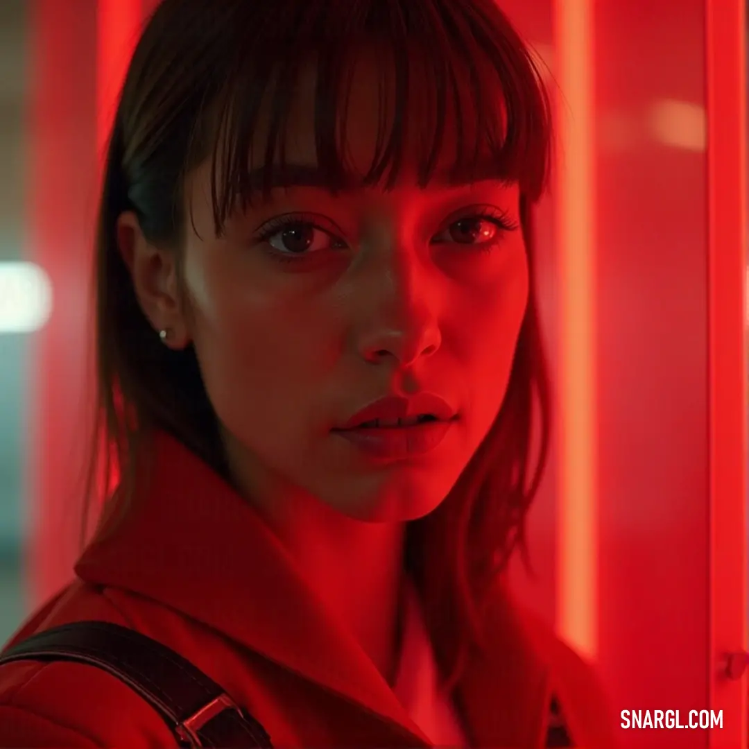 A striking portrayal of a woman with dark hair, illuminated by a mysterious red light behind her. Her captivating gaze, paired with a serious expression, invites intrigue and draws viewers into her compelling story filled with emotion and power.