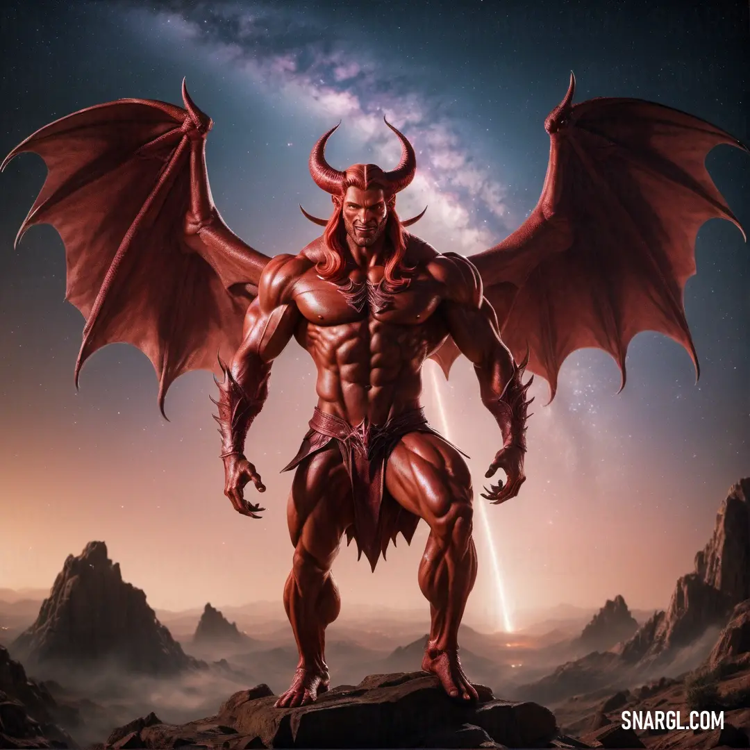 Demon with huge wings standing on a rock in the desert at night with a bright light behind him