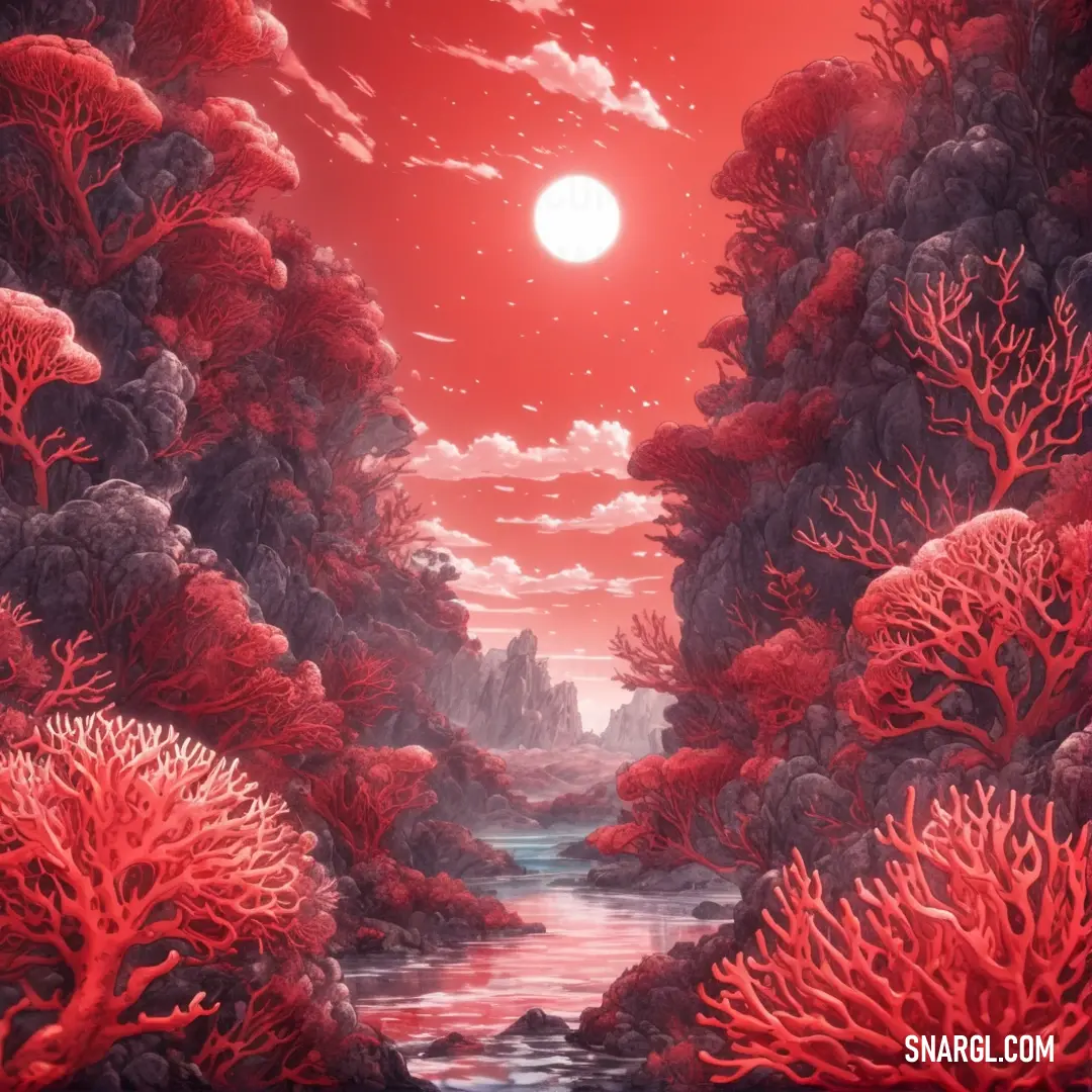 Painting of a red forest with a river and trees at night time with a full moon in the sky