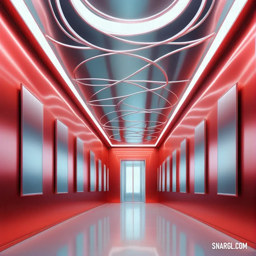 Long hallway with red walls and a white door and a circular light at the end of the hallway. Example of RGB 214,61,54 color.