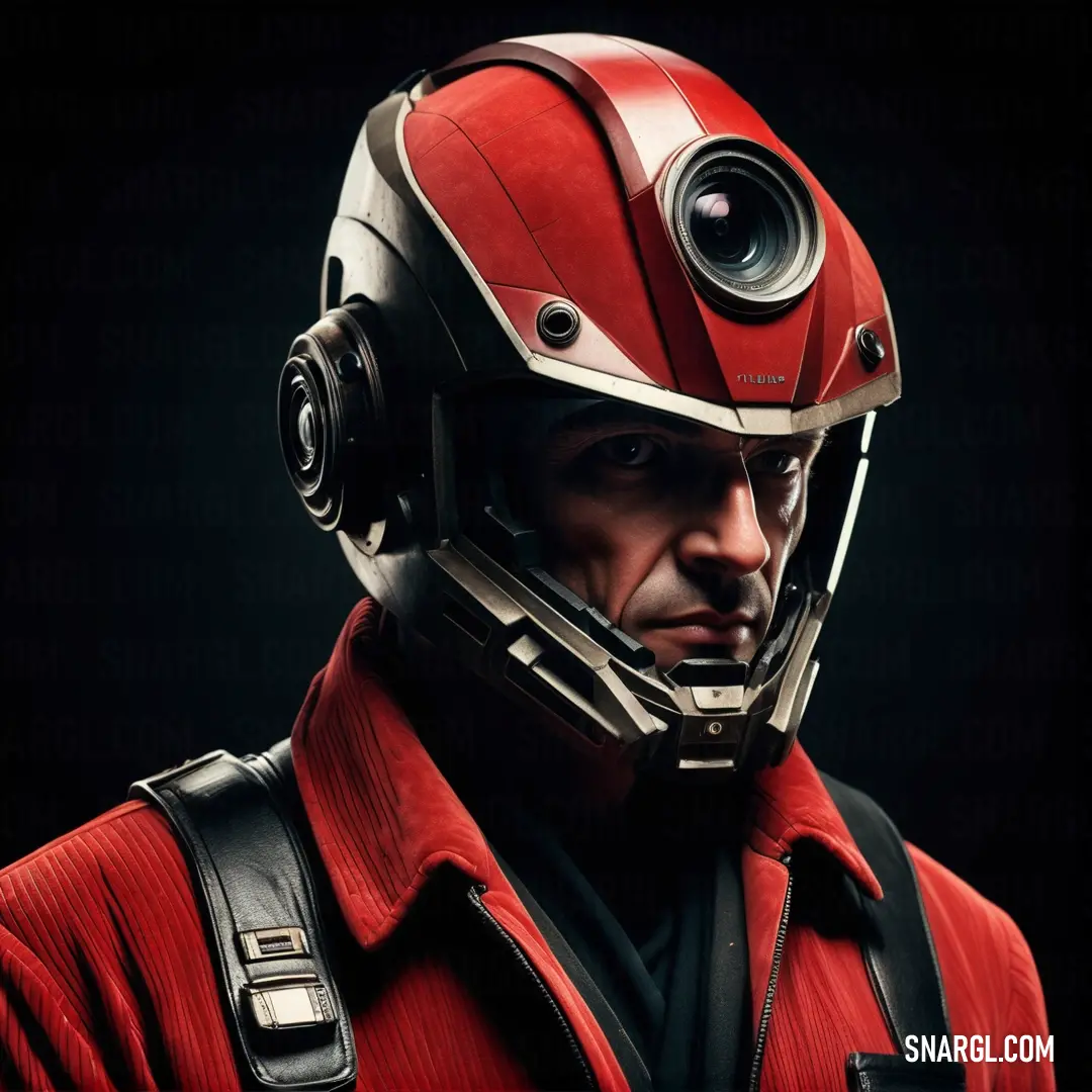 Man in a red suit and helmet with a camera on his head and a camera on his shoulder. Color RGB 214,61,54.
