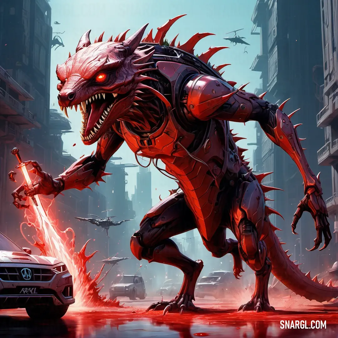 Monster attacking a car in a city street with a car in the background. Color RGB 214,61,54.