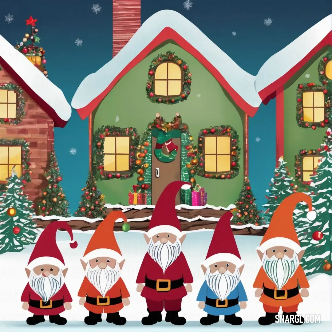 PANTONE 1797 color example: Group of gnomes standing in front of a christmas house with a christmas tree and a wreath on it